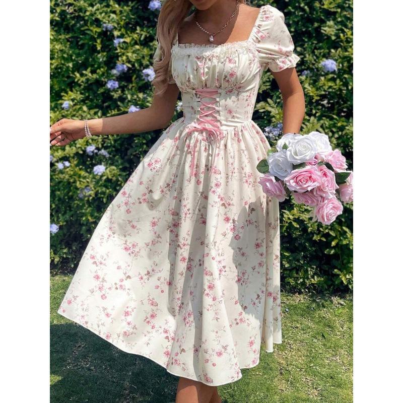 2026 European and American Women's Clothing, Standing French Square Neck Bubble Sleeve One-word Shoulder Floral Dress