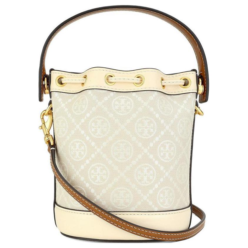 Tory Burch T Monogram All Over Print Drawstring Jacquard Fabric Leather Trim Bucket Bag Mini Women Bags Ivory 80534-254