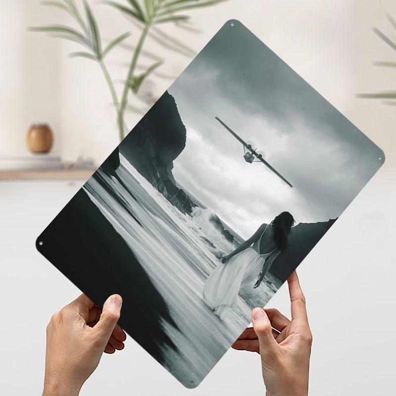 

Woman Watching Plane on Beach Tinplate Poster Customized Wall Art Vintage Retro Metal Signs for Decoration Bedroom Decorations 7.9x11.8In(20x30cm)