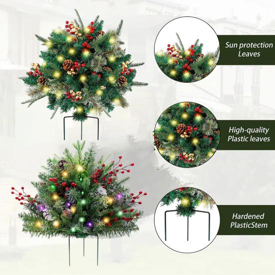 Pre-lit Christmas Tree Urn Filler Battery Operated Artificial Xmas Tree with Cones Berries Holiday Porch Planter Filler with Tripod Stake And LED