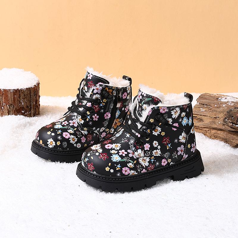 

Winter Children Snow Boots Leather Flower Warm Plush Toddler Kids Shoes Non-slip Girls Boots EU 23-31 31 чорний