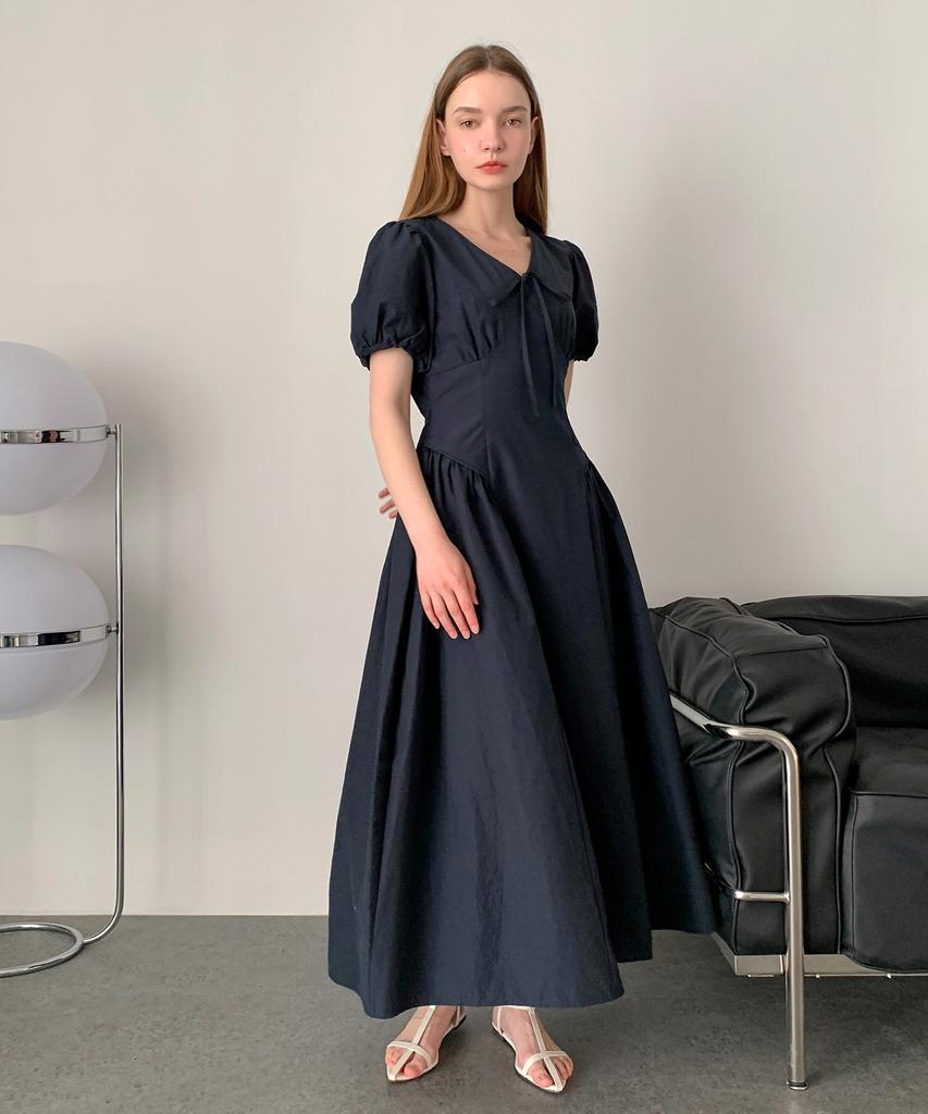 Baseukala Shirring Puff Ribbon Long Dress (3Colors)