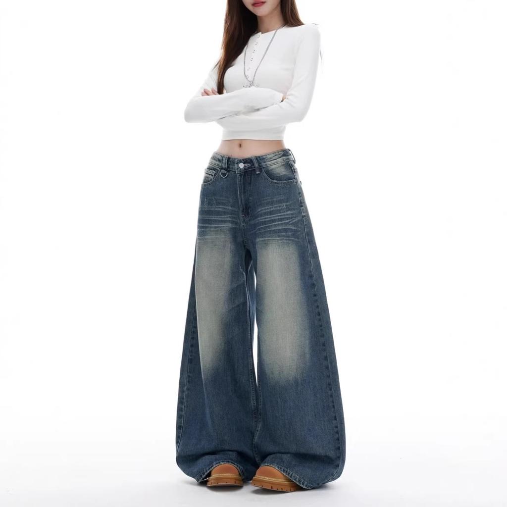 Women's Low Waist Wide Leg Jeans Loose Fit Casual Vintage Straight Denim Pants