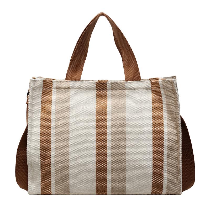 Women's Large Capacity Striped Canvas Tote Bag - Casual Shoulder Handbag