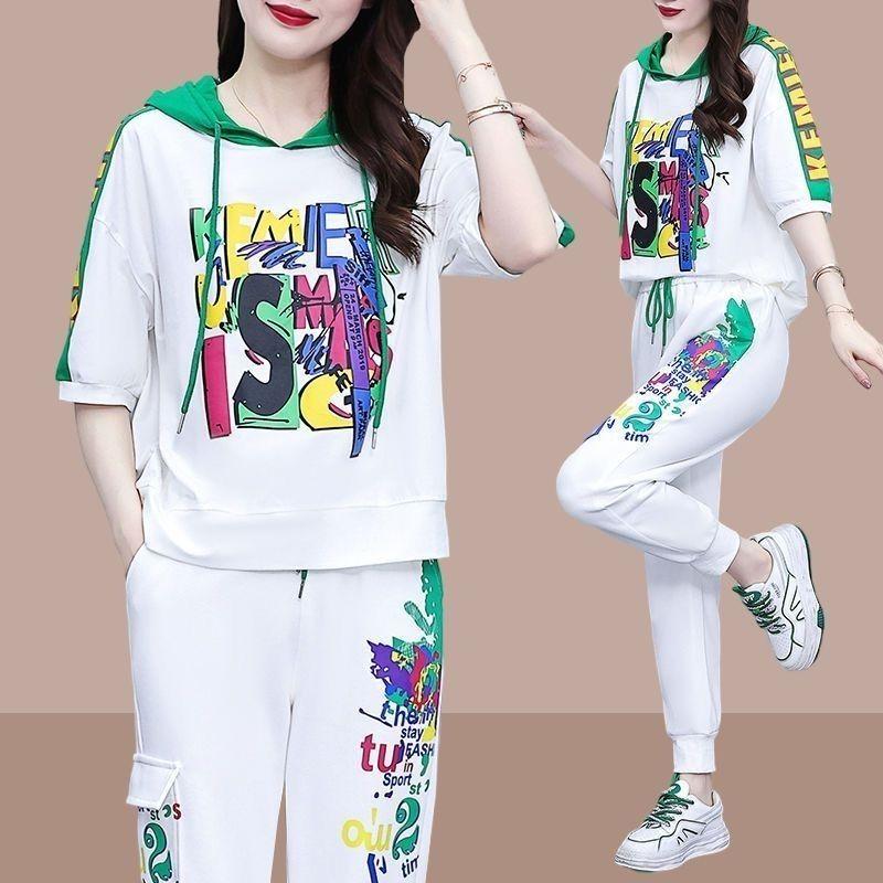 Women's Sportswear Set for Women's Summer Fashionable Versatile Hooded Sweater High Waisted Harlan Pants Two-piece Set