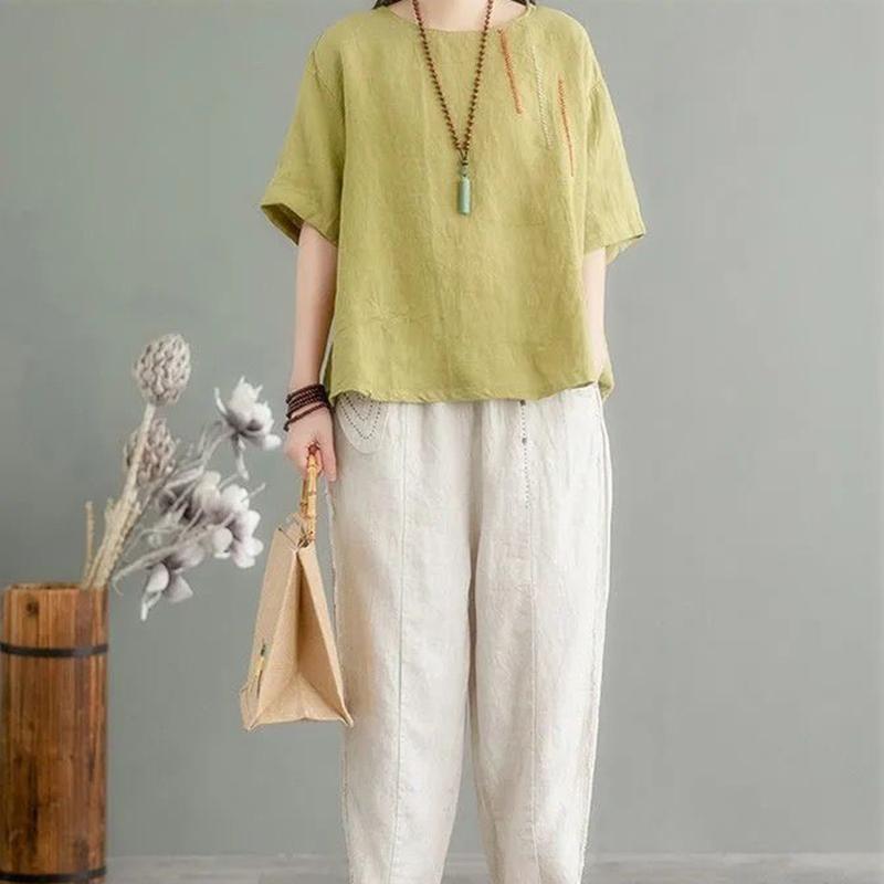 Plus Size M-3XL Women T-shirt Summer Short-sleeved Blouse O Neck Loose Fashion Vintage Embroidered National Style  Female Tops