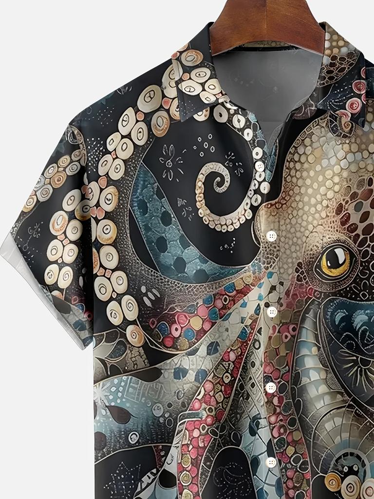 Trendy New Vintage Japanese-Style Octopus Print Men's Button-Up Short-Sleeve Hawaiian Shirt