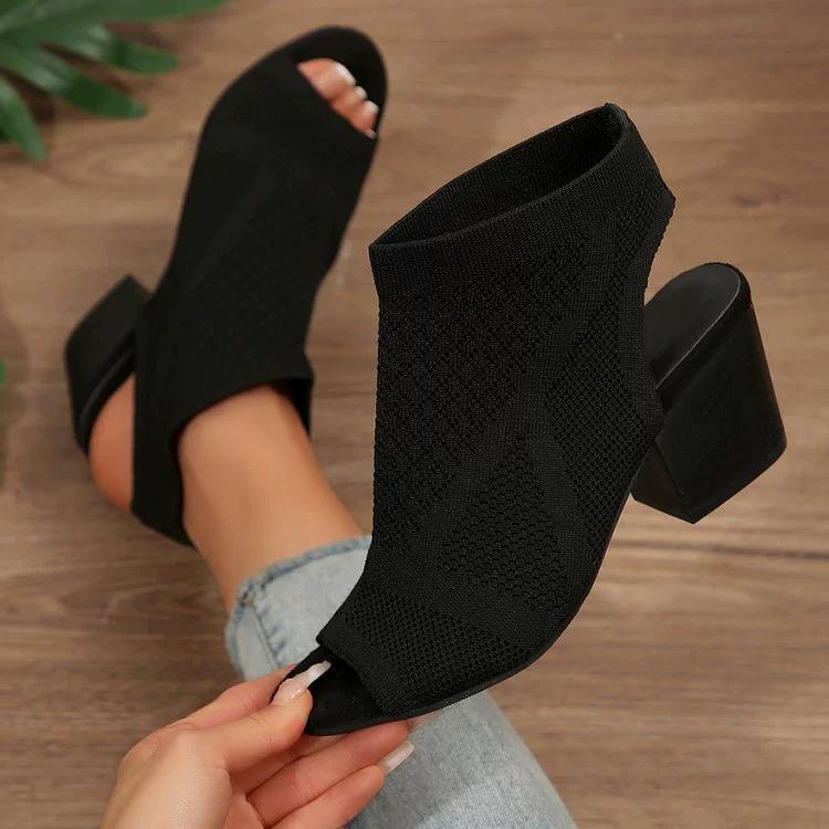 Damen-Sandalen mit klobigem Absatz, Strick-Peep-Toe, Schlupfschuh, Slingback, niedrige Absätze, modische Stoffsandalen