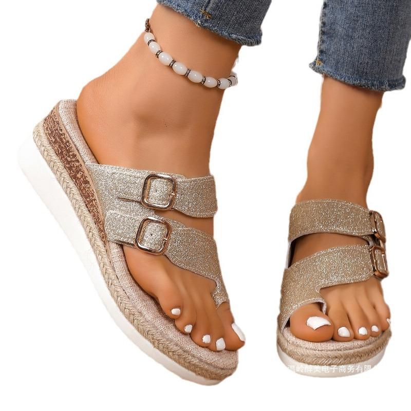 Large-sized Belt-buckle Wedge Heels Flip-flops Women's Hollowed-out Thick-soled Shoes Beach Slippers