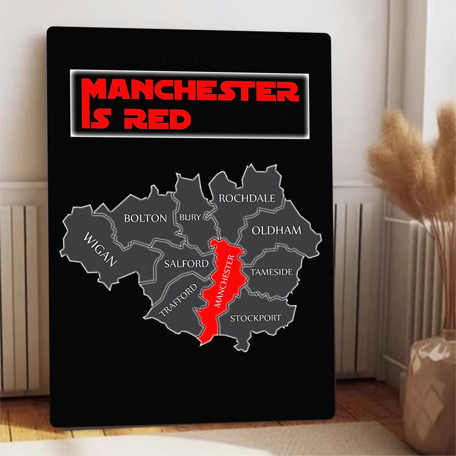 Manchester Is Red Custom Metal Wall Art Football Fan Decor Mancunian Area Map Poster