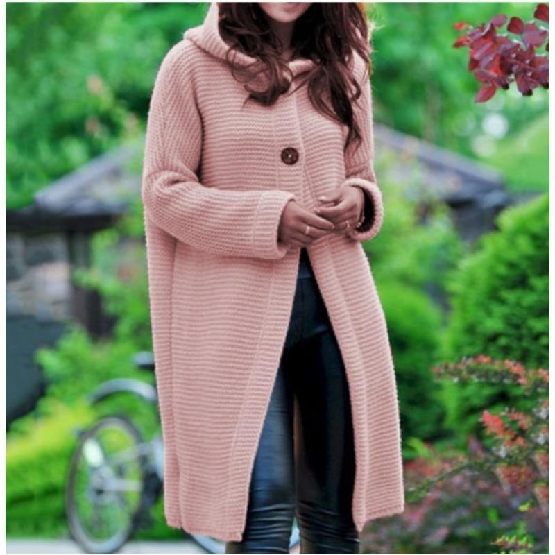 Stil Toamnă Iarnă Culoare Solidă Larg Cardigan Pulover Femei Lungime Medie Confortabil Casual Cu Glugă Palton Tricotat