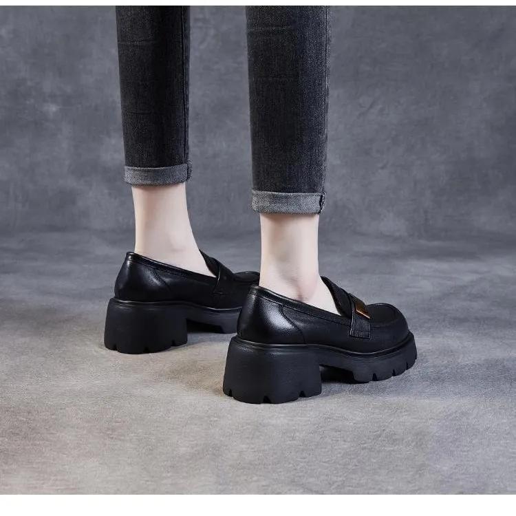 Women's Spring and Autumn Thick-heeled Thick-soled Loafers British Style Retro Soft Leather Shoes
