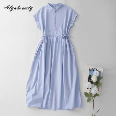 Vestito Midi Base Solido Colore Caramella Mori Girl Giapponese Scollo a O Rosa Blu Verde Allacciatura Vestito Manica Corta Cotone Ampio