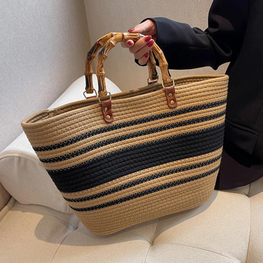 Cotton Woven Handbags Bamboo Handle Tote Summer Striped Hand-Woven Top-handle Bags Large Capacity Women's Bags Weaving Beach Bag