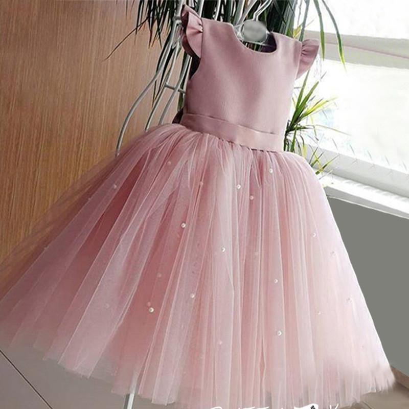 Girl Flower Birthday Tulle Dress Bow Wedding Kids Party Wear Princess Blue Dress Baby Bowknot Dresses