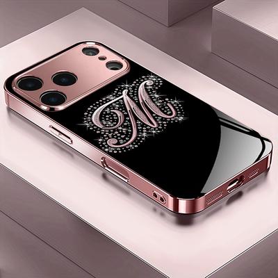Růžové metalické tvrzené sklo na telefon s motivem písmena M pro iPhone 17 16 15 14 13 12 11 Pro Max 15 14 Plus 17 Air 16E Kryt