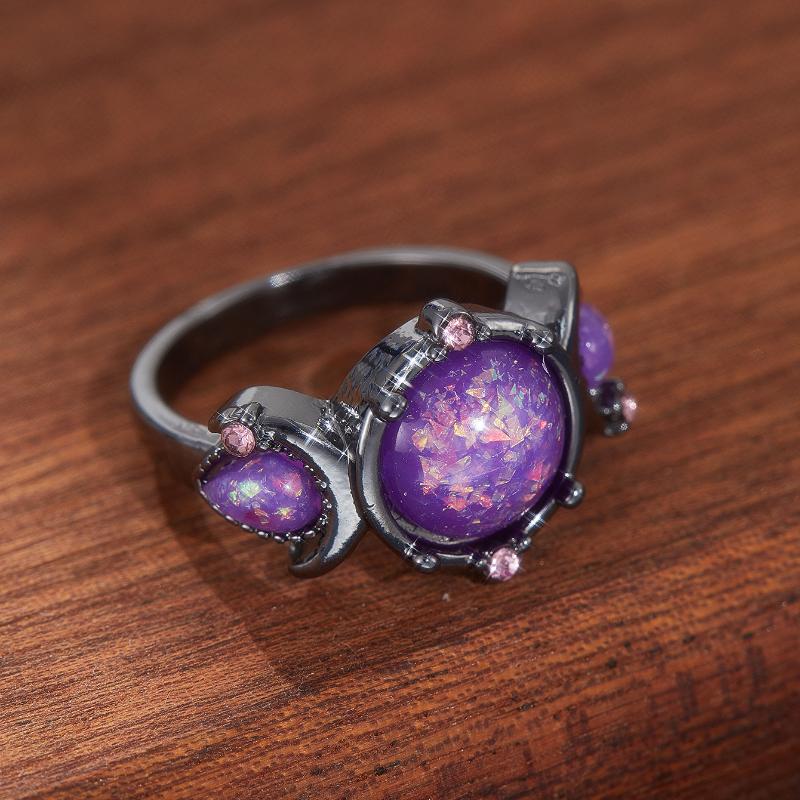Round Mysterious Purple Opao Ring Women's Black Wedding Band Engagement Party Anniversary Zircon Mother's Day Gift