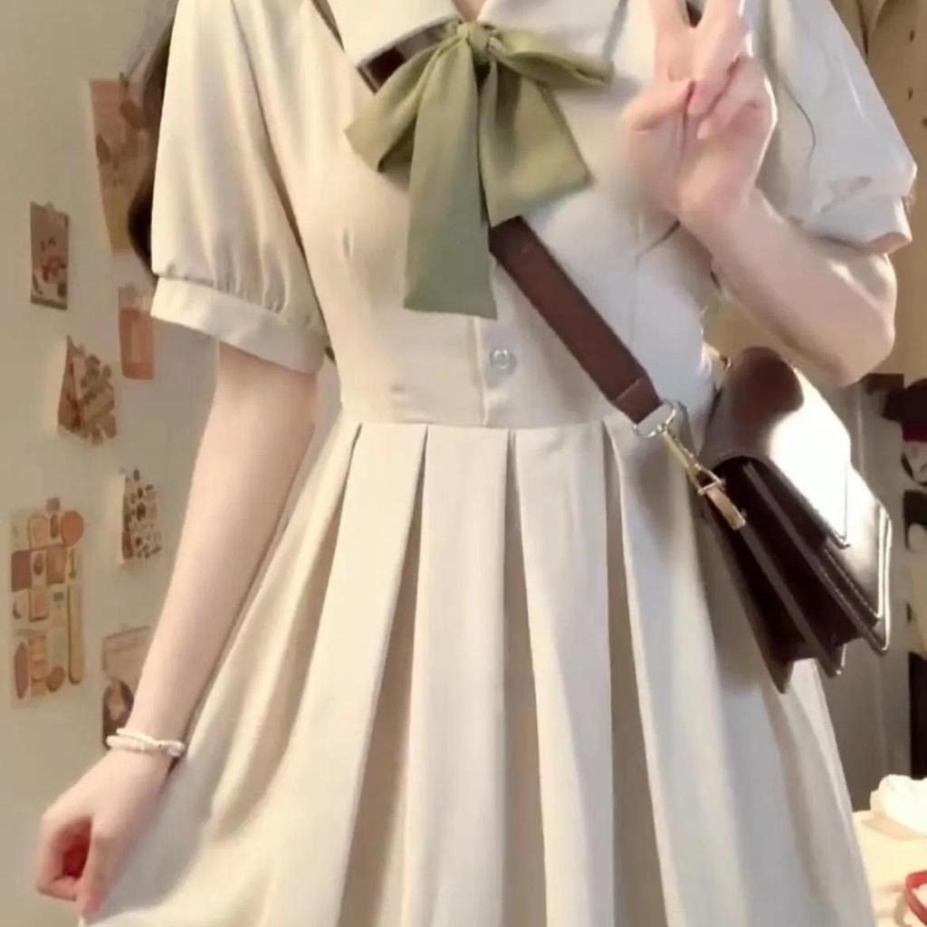 Summer College Style Lace-up Bow Dress for Women - Sweet Waist-Cinching Mid-Length A-Line Skirt