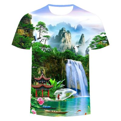 2024 Verão Nova Montanha Azul Verde Água Branco Guindaste Peixe 3D Impresso Camiseta Masculina Solta Moda Casual Manga Curta