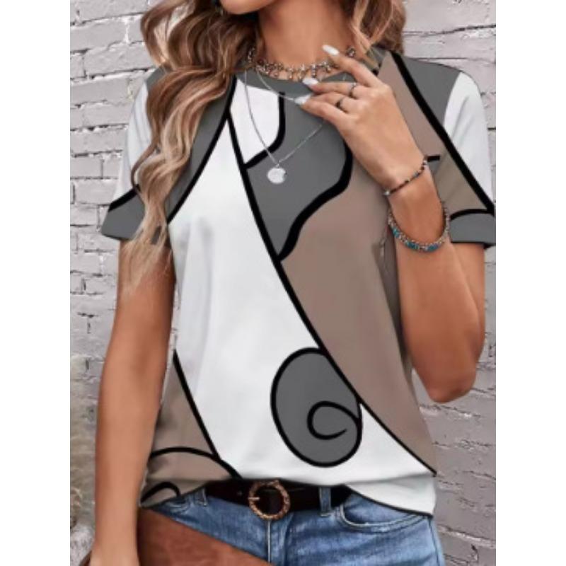 

Женские модные повседневные летние весенние блузки и рубашки с короткими рукавами и круглым вырезом с цветным принтом XS