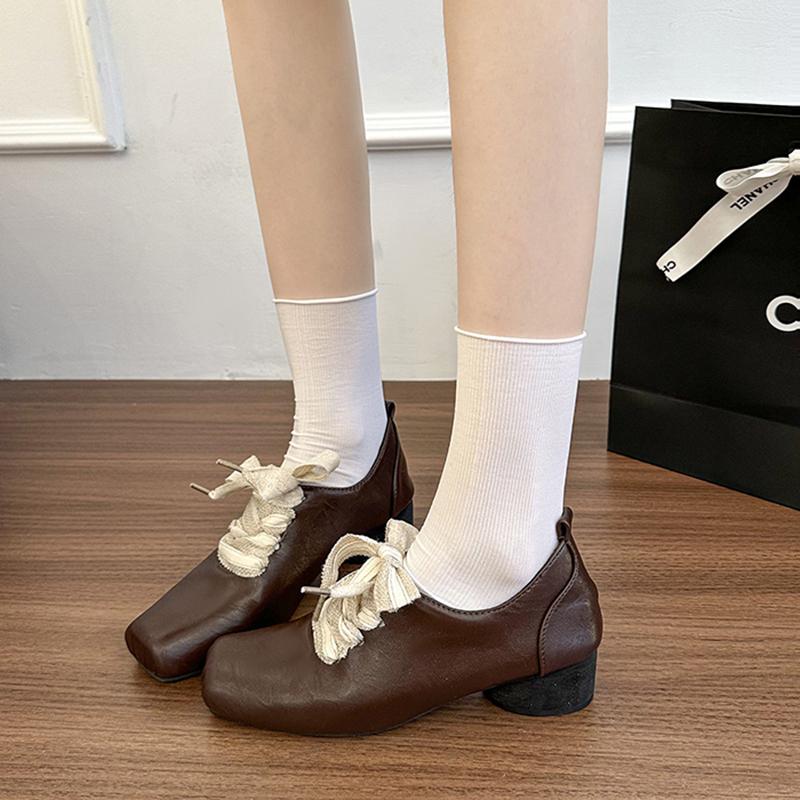 Fashion Autumn Vintage Lace Up Women Mary Jane Shoes Elegant Square Toe Party Dress Ladies Design Leather Pumps