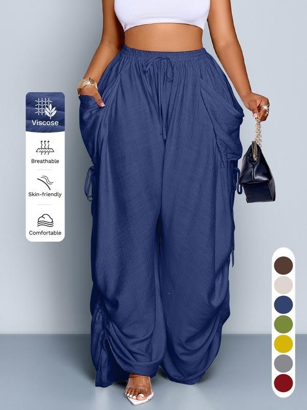 Women's Elastic Drawstring Waist Wide Leg Pants Loose Palazzo Trousers Retro Punk Ruched Casual Pants