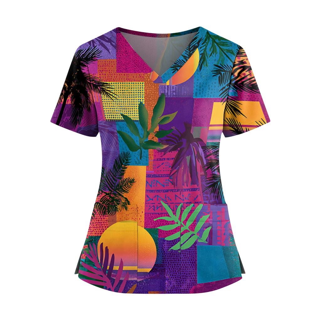Women's Hawaiian Print V-Neck Double Pocket Short Sleeve Uniform/ Top