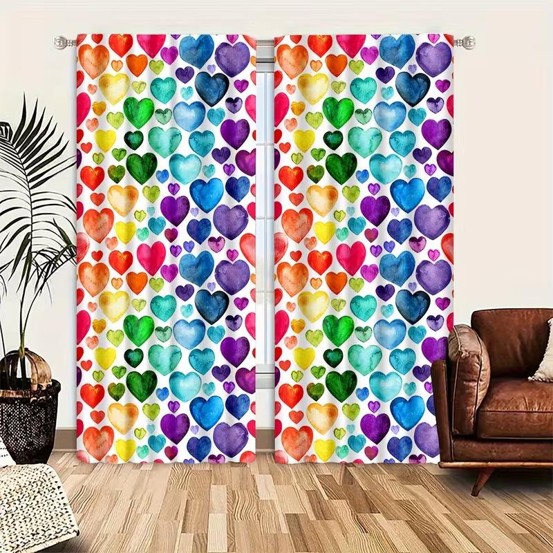 

2 Pcs Colorful hearts print curtains,suitable for bedroom,living room kitchen decoration,home decoration,window decoration 14Wx39L(35x100CM)x2&Rod Pocket