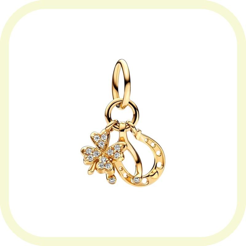 New Golden Flowers Collection Charm Bead Lucky Shamrock Rose in Bloom Daisy Flower Safety Chain Compatible With Authentic Bracelets Do It Yourself Jew