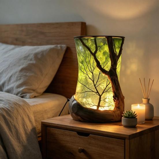 Forest Theme Night Light Handmade Resin Warm Light Rustic Nature-Inspired Ambient Bedside Lamp for Bedroom Living Room Decor