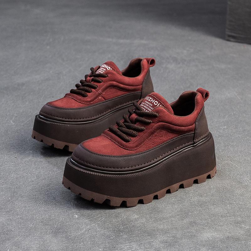 Fashion 6.5CM Women Mixed Colors Height Increasing Shoes Spring Autumn Cow Genuine Leather Round Toe Wedges Heel Platform Nop-slip Shoes