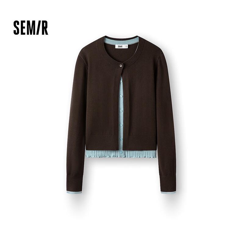 Semir Women s Colorblock Faux Two-Piece Ruffle Trim Knit Cardigan L