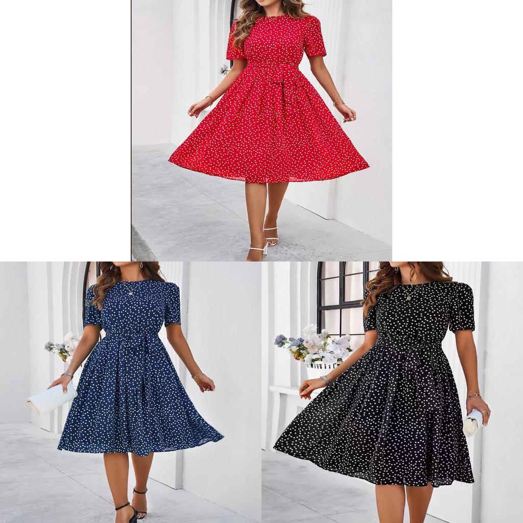 Elegantes Polka-Dot-Kleid mit Print und hoher Taille für Frühling, Sommer, Büro