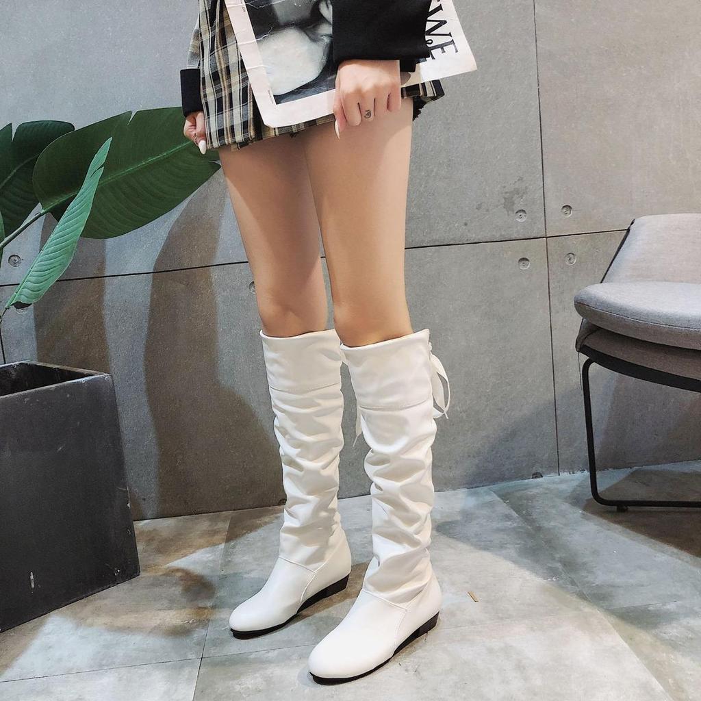 Long Boots, Square Heel, Pleated, High Top, Bow Tie, Knight Boots, Plus Size, Lace Up, Women's Boots