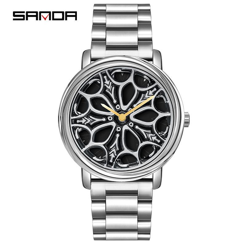SANDA New Steel Band Quartz Watch Men's Hollow Rotating Men's Simple Personality Watch