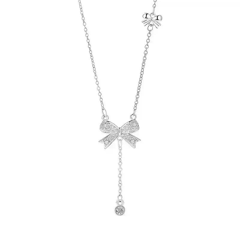 Bow Tassel Necklace Female Niche Exquisite Fashion Light Luxury Ins Wind Full Of Diamonds Butterfly Pendant Female Quality