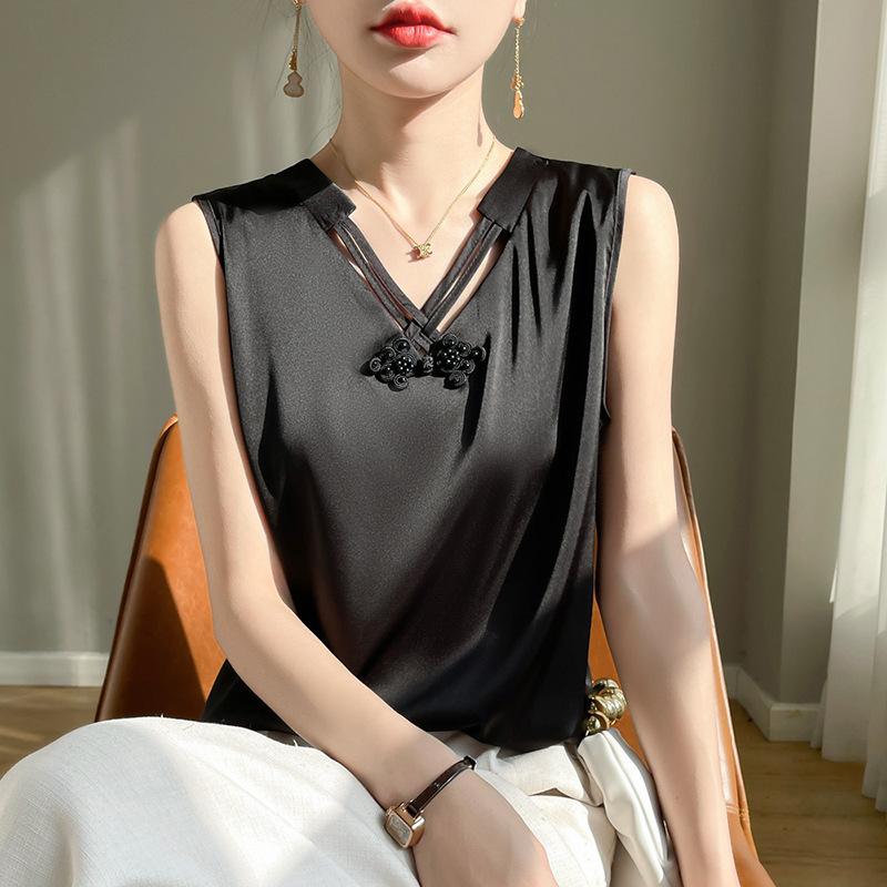 

Летний женский атласный жилет без рукавов с v-образным вырезом, модные внутренние топы, свободный жилет 3XL чёрный