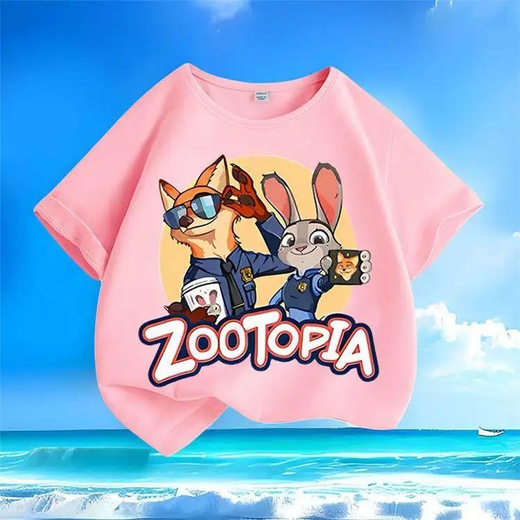 Pure Polyester Kids Short Sleeve Tee 2026 New, Zootopia Judy Nicky Cartoon Print Round Neck Casual Tops For Small Medium Children