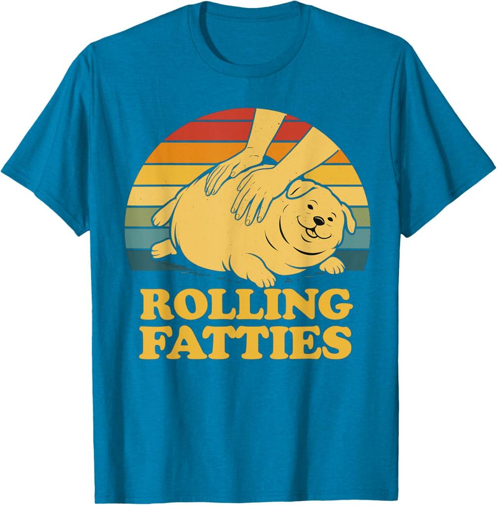 Rolling Fatties Funny Dog Graphic Tee Retro Sunset Print Soft Cotton Casual T-Shirt for Men Women