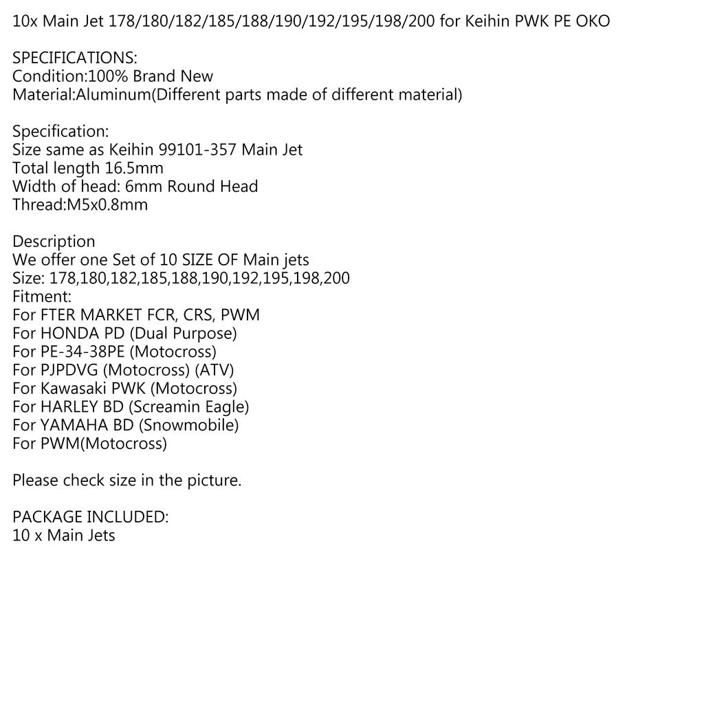 10x Main Jet 178/180/182/185/188/190/192/195/198/200 for Keihin PWK PE OKO