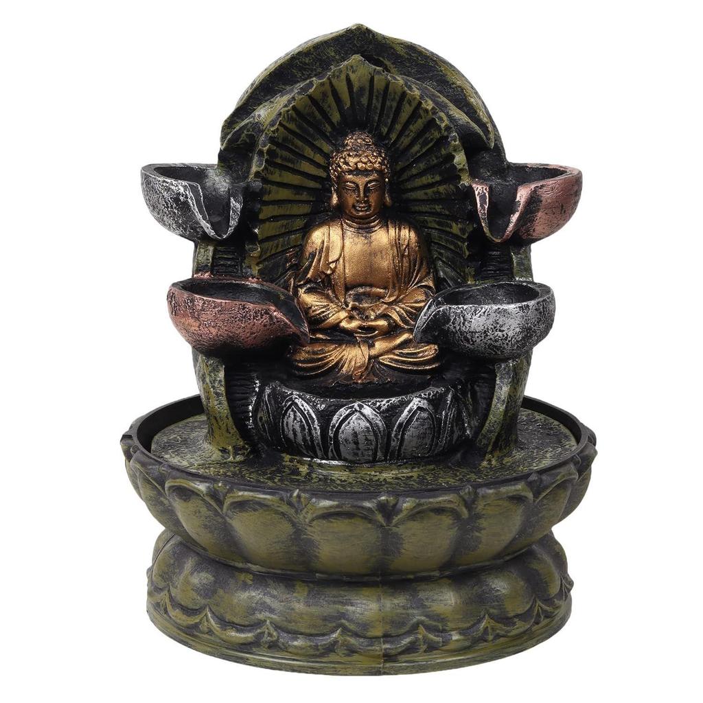 Sittande Gautam Buddha Inomhus 4-stegs Vattenfontän med LED-lampor för Kontor, Heminredning
