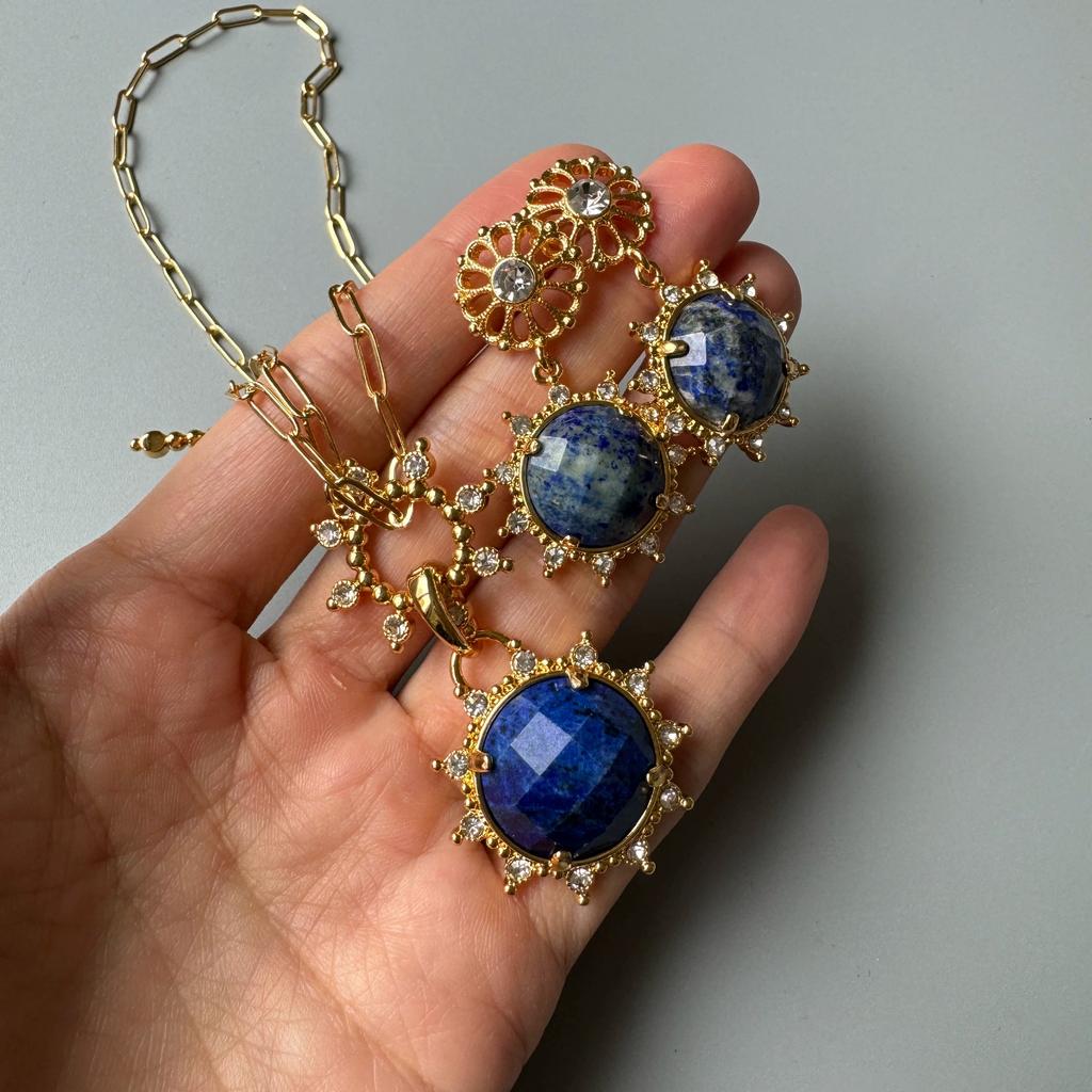 Vintage Elegant Lapis Lazuli Necklace and Stud Earring Set Women Jewelry