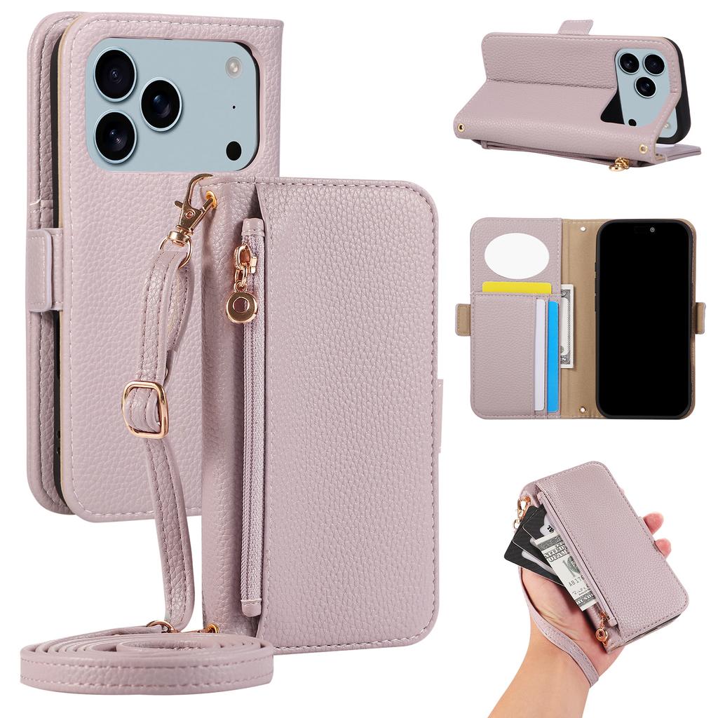 Zipper Flip Magnetic Cards Solt Mirror Wallet Leather Case For iPhone 17 Pro Max 16 Plus 15 14 13 12 11 Strap Slim Book Cover