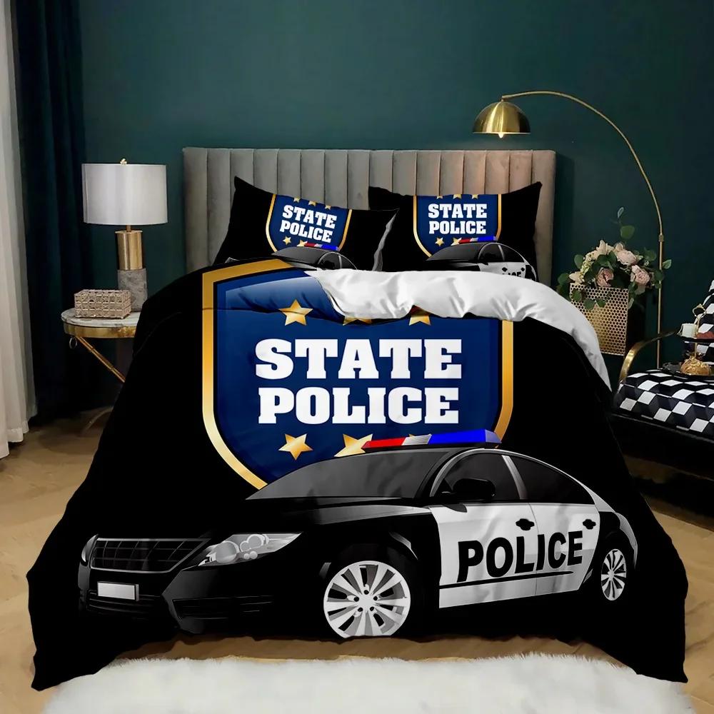 Black Policeman Car Cartoon Vehicle Comfortable Duvet Cover Pillowcase Bedding Set Children Bedroom Decoration Home Textile