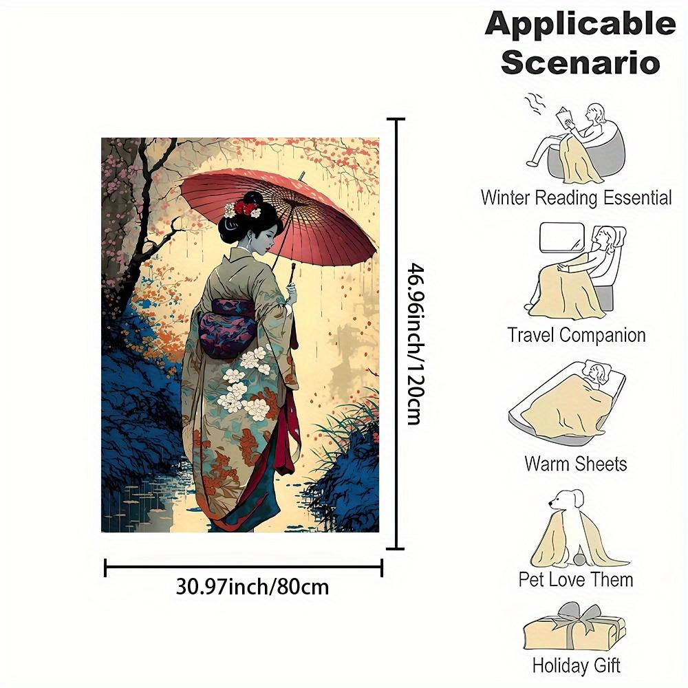 Japanese Kimono Umbrella Print Flannel Throw Blanket Soft Reversible All Season Home Office Gift