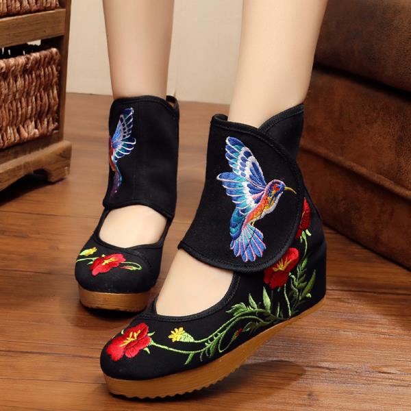 

Модные женские ботинки Обувь До середины икры На танкетке Ретро Вышивка Ткань Цветочный Неглубокие Этнические Туфли Белые Ботинки до середины икры Низкие Женские Танкетки Вышивка 35