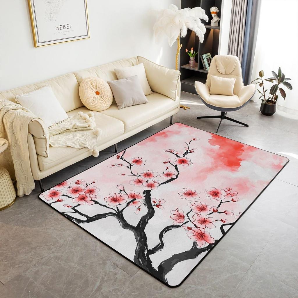 Japanese Ukiyo-e Geisha & Cherry Blossom Print Area Rug, Non-Slip Floor Mat for Living Room Bedroom Home Decor Carpet