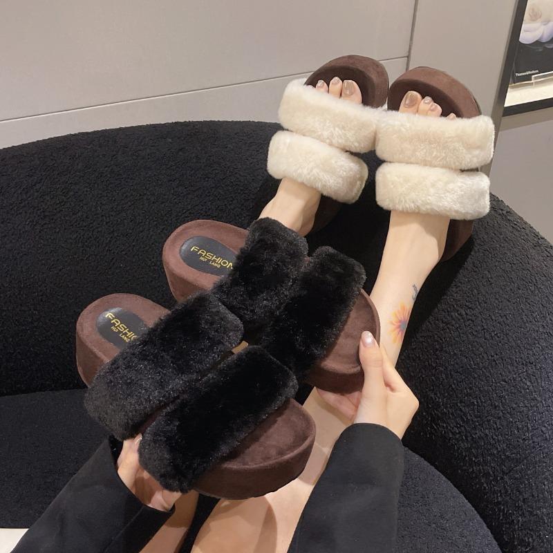 Women's Fashion Slippers Round Toe Platform Sole High Heels One-line Cotton Slippers Outdoor Fashion All-match Fleece Slippers