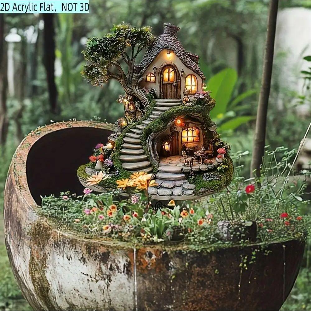 1 skurriler Acryl-Baumhaus-Gartenstecker - bezaubernde Außendekoration, geeignet für Topfpflanzen und Blumenbeetdekoration