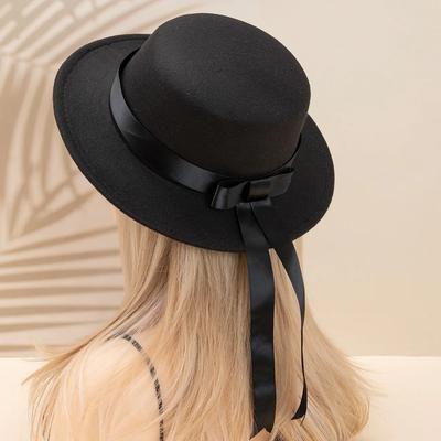 Handmade  Uniform Hat Elegant Flat Top Flat Edge Woolen Academy Style Bowtie Ribbon Hat